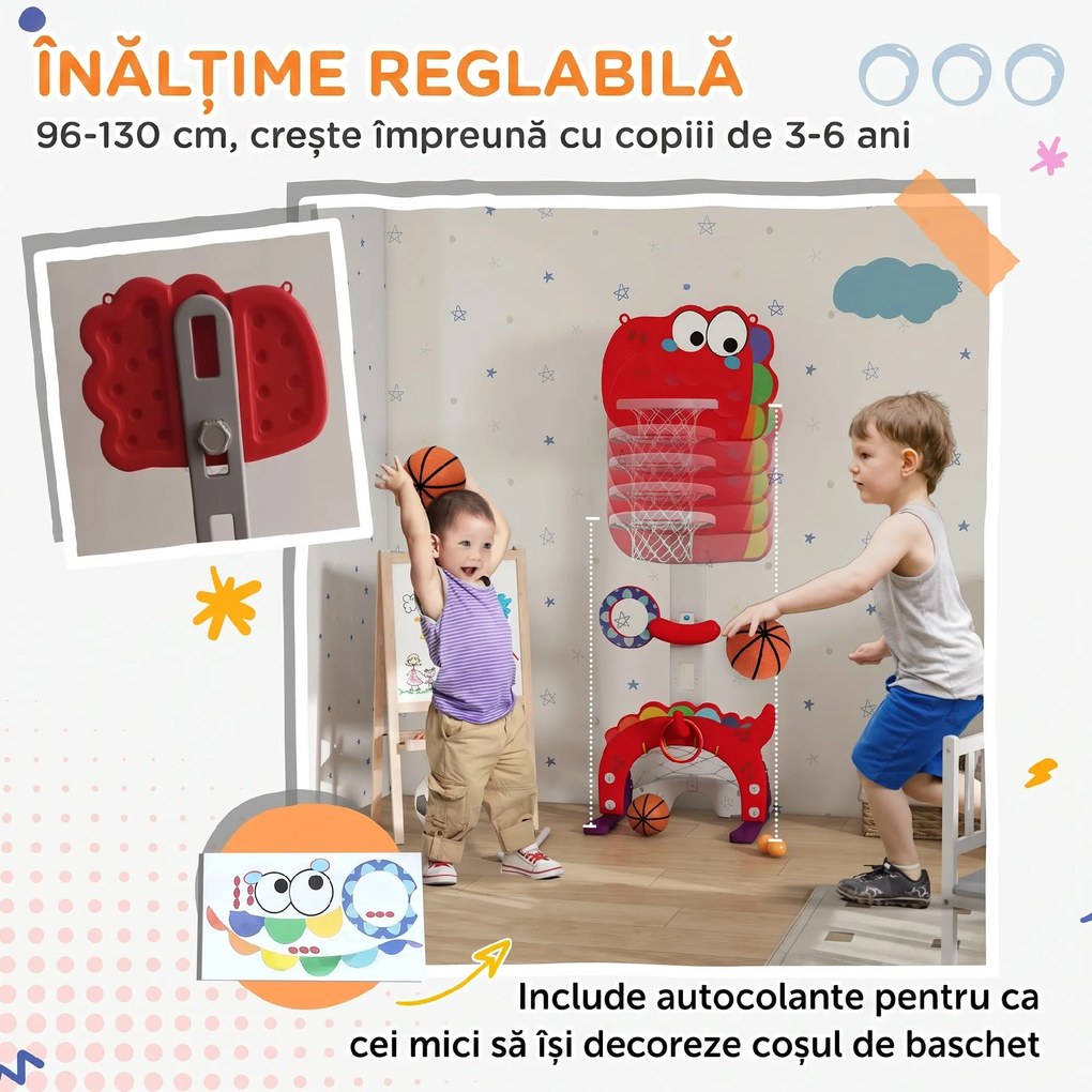 AIYAPLAY Cerc de Baschet pentru Copii, Înălțime Reglabilă, Set de Baschet 5 în 1 cu Fotbal, Golf, Lasou, 46x51x134-152 cm, Roșu | Aosom Romania