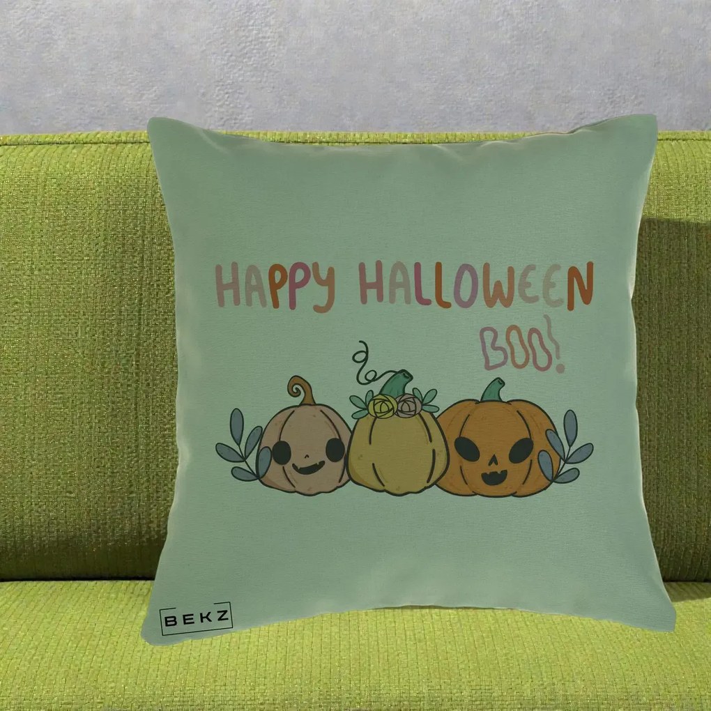 Perna Decorativa Happy Halloween Boo Trei Dovlecei Kawaii, 40x40 cm, Verde, Husa Detasabila, Perna Inclusa, BEKZ®