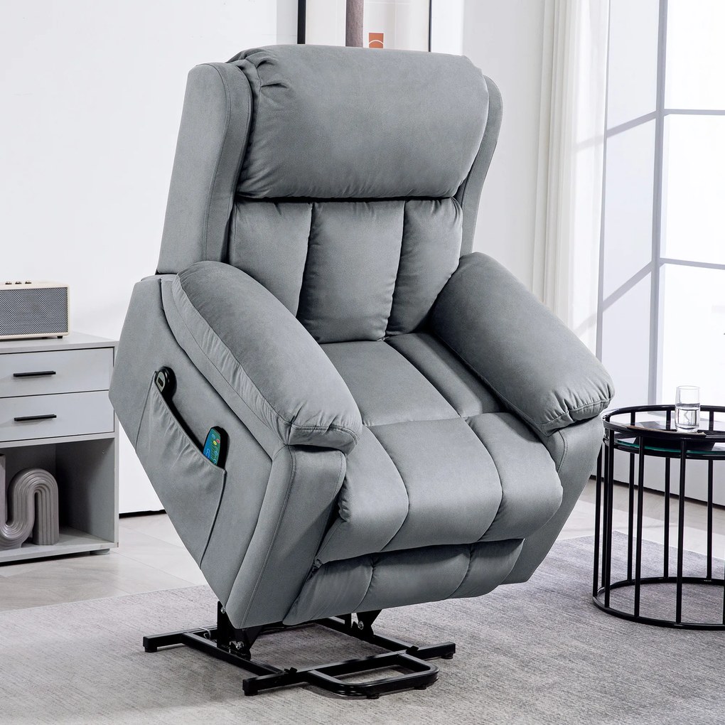 HOMCOM Scaun Electric cu Masaj prin Vibrații și Căldură, Scaun din Piele pentru Vârstnici cu Telecomandă și Buzunar Lateral, 90x95x103 cm, Gri