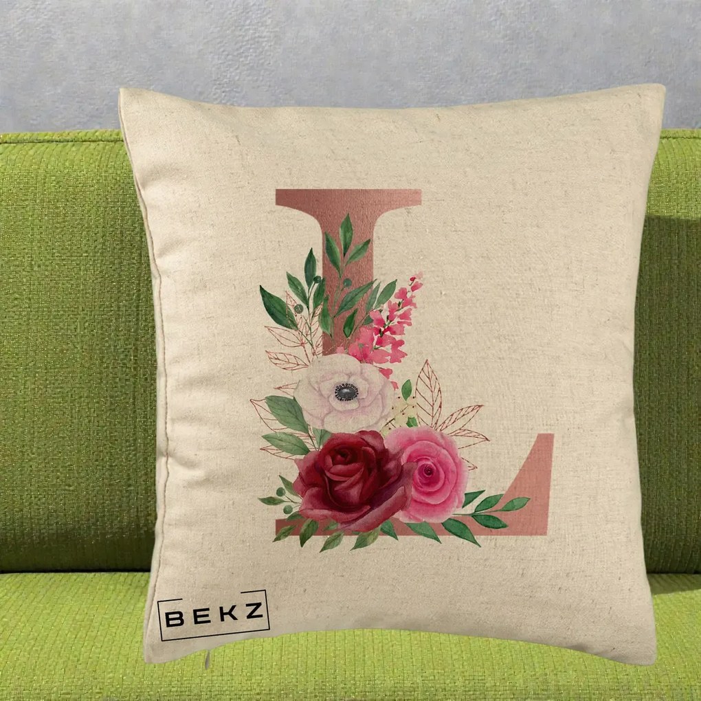 Cadou Personalizat - Perna Personalizata Monograma Rose Gold Litera L, 40x40 cm, Bej, Husa Detasabila, Perna Inclusa, BEKZ®