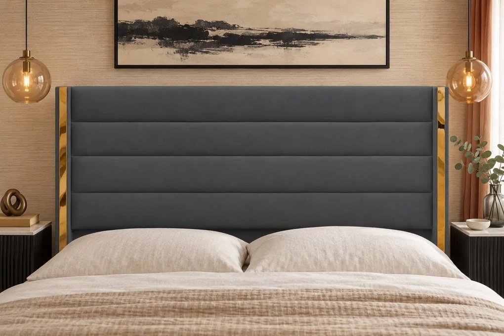 Pat tapițat din catifea Veyra 160×200 cm, gri închis, detalii aurii, cu ladă de depozitare