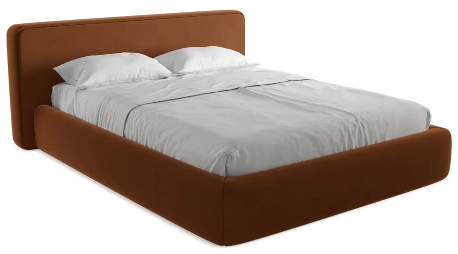 Pat matrimonial teracotă tapițat cu spațiu de depozitare cu somieră 160x200 cm Kiana – Makamii