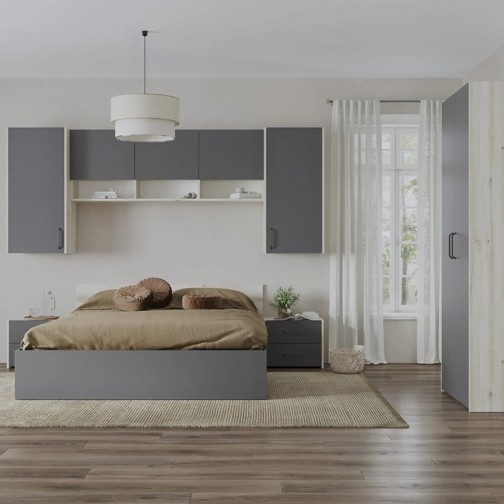 Set dormitor Malmo V17, Pat 200 x 160 cm, Stejar Alb/Antracit