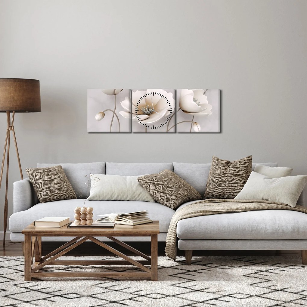 Tablou cu florile albe (cu ceas) (90x30 cm)