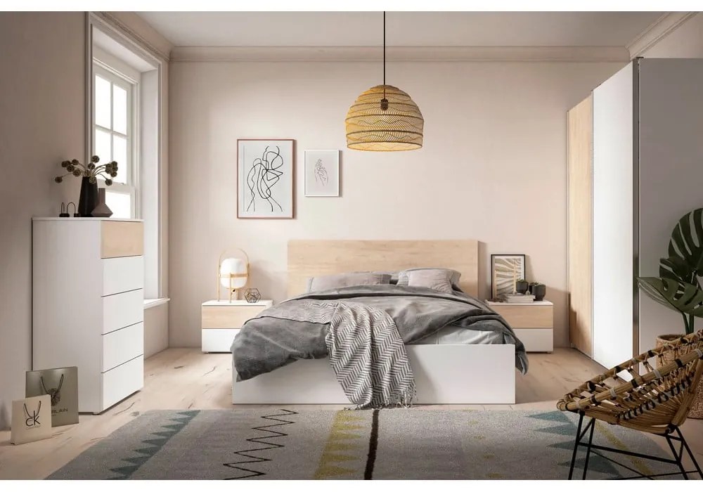 Pat matrimonial alb/cu aspect de lemn de stejar cu spațiu de depozitare 140x190 cm Sahara – Marckeric
