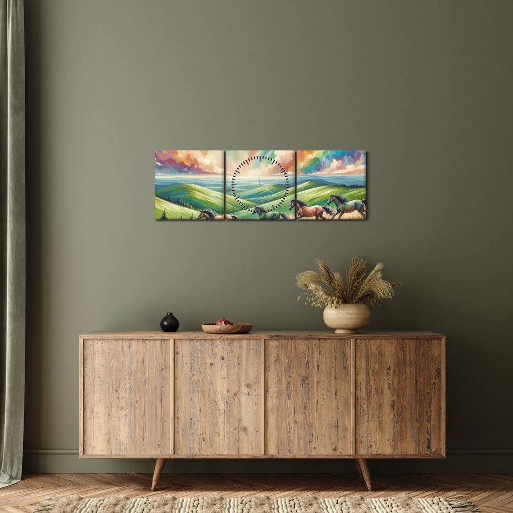 Tablou – Cai galopând prin peisaj (cu ceas) (90x30 cm)