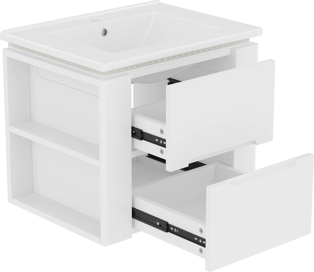 Dulap de baie suspendat cu iluminare LED cu senzor radar, două sertare și rafturi laterale, 61x46x50 cm, Alb