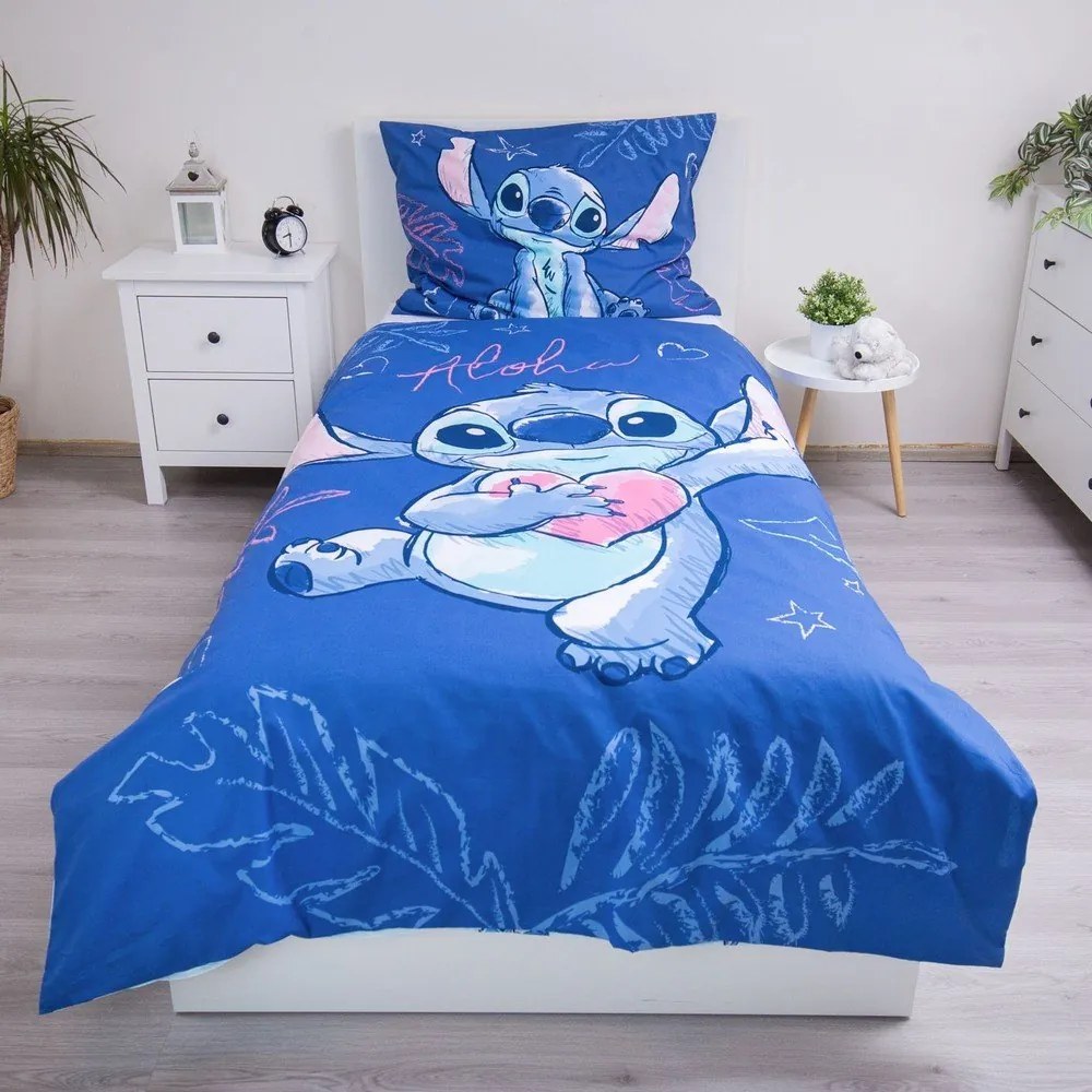 Lenjerie de pat pentru copii albastră din bumbac pentru pat de o persoană 140x200 cm Lilo &amp; Stitch "Aloha" – Jerry Fabrics
