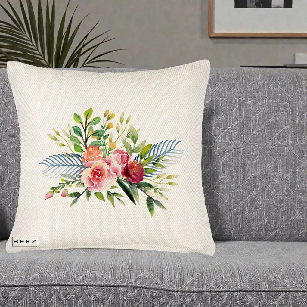 Perna Decorativa Buchet Flori Acuarela Roz-Verde, 40x40 cm, Crem Reliefat, Husa Detasabila, Perna Inclusa, BEKZ®