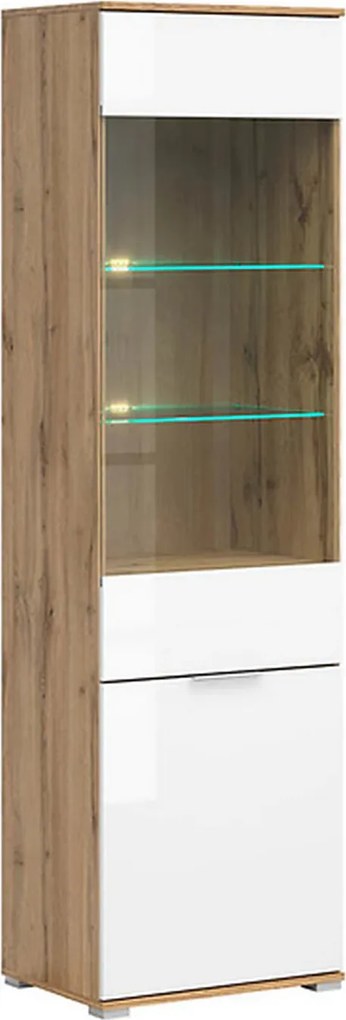 Vitrina ZELE, stejar wotan/alb lucios, PAL laminat, 56x41x195 cm