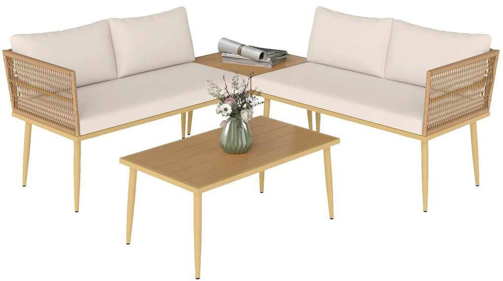 Outsunny Set Mobilier de Grădină din 4 Piese cu 2 Canapele și 2 Măsuțe de Cafea, 116x65x70 cm, Alb Crem | Aosom Romania