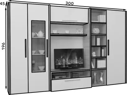 Mobilier living SMERA – 300x45x196 cm – Alb lucios / Sonoma