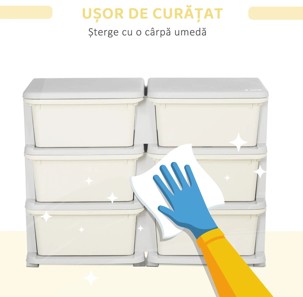 HOMCOM Comodă cu 6 Sertare pentru Copii 3-6 Ani cu Margini Rotunjite, din PP Crem, 75x37x56.5 cm | Aosom Romania