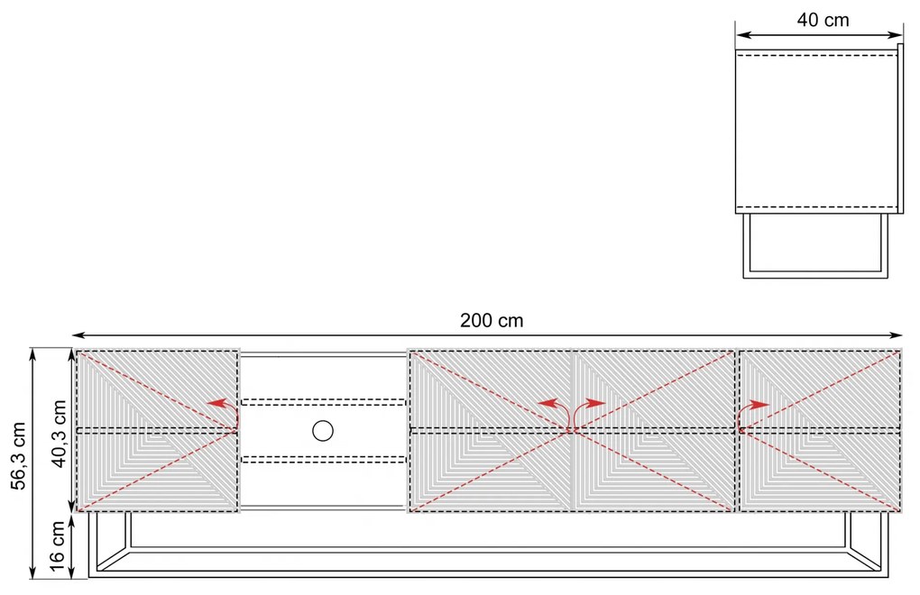 Comodă TV Asha 200 cm cu nișă pe bază de metal - artizanal / negru mat