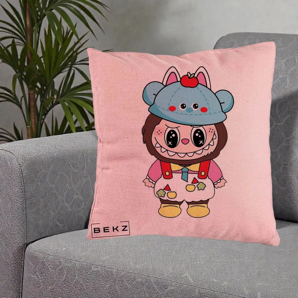 Perna Personalizata Labubu x Urs Albastru Colorat, 40x40 cm, Roz, Husa Detasabila, Perna Inclusa, BEKZ®