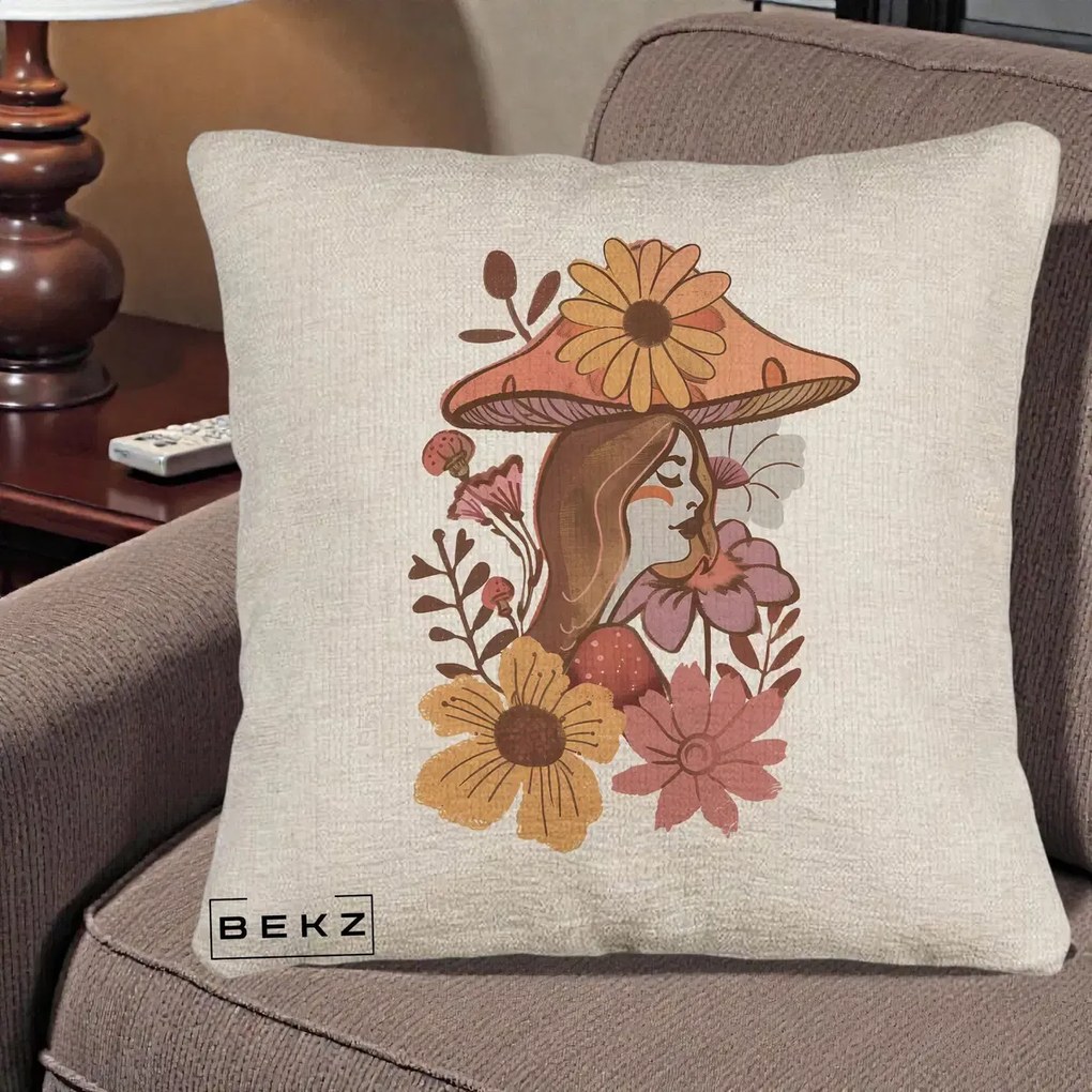 Perna Decorativa Fata Ciuperca Florala Boho, 40x40 cm, Bej Canapea, Husa Detasabila, Perna Inclusa, BEKZ®