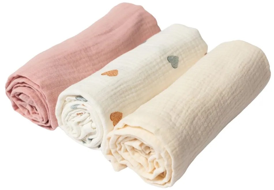 Set 3 paturici din muselina dubla moale 78x78 cm Kidizi Color Hearts, 100% bumbac