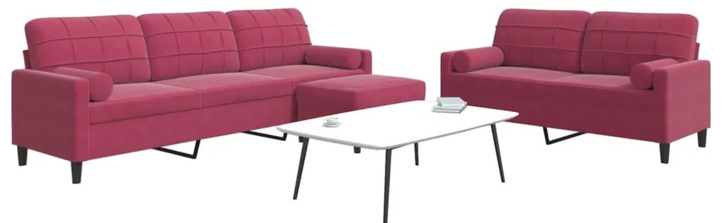 vidaXL Set canapea cu perne/rulouri, 3 piese, roșu vin, catifea