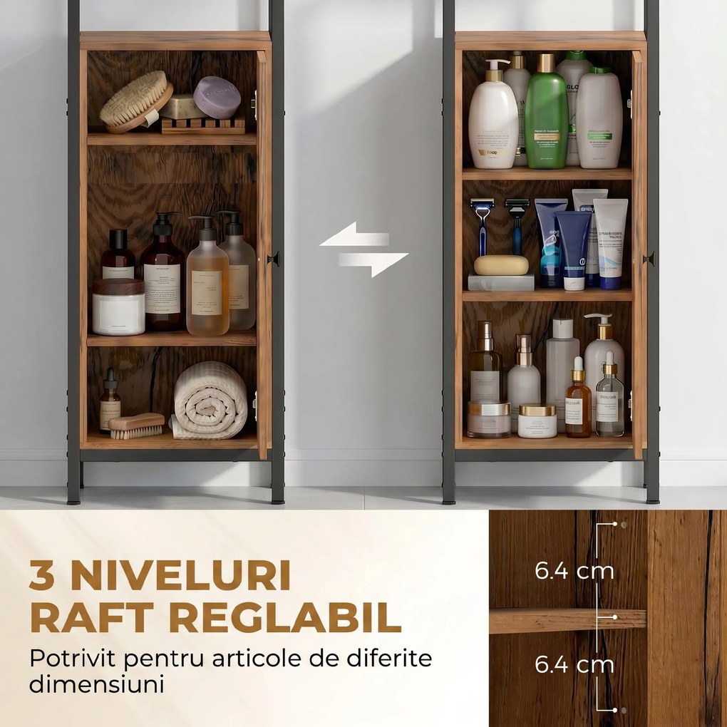 kleankin Dulap Baie Înalt și Îngust, Dulăpior Economisitor cu Uși Tip Jaluzea, 3 Rafturi Deschise, Maro Rustic | Aosom Romania