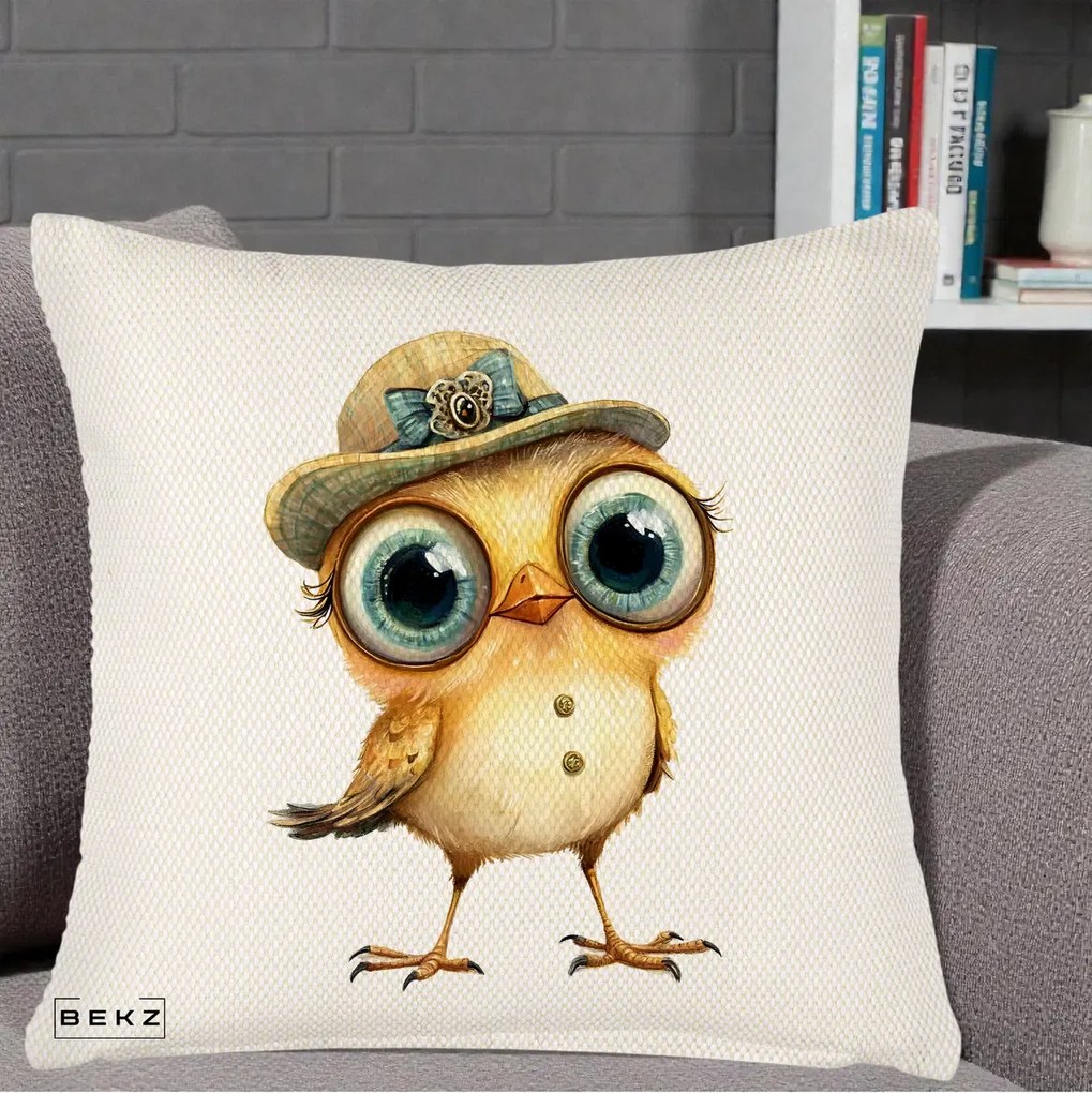 Perna Decorativa Pui Elegant cu Palarie Teal, 40x40 cm, Crem Reliefat, Husa Detasabila, Perna Inclusa, BEKZ®
