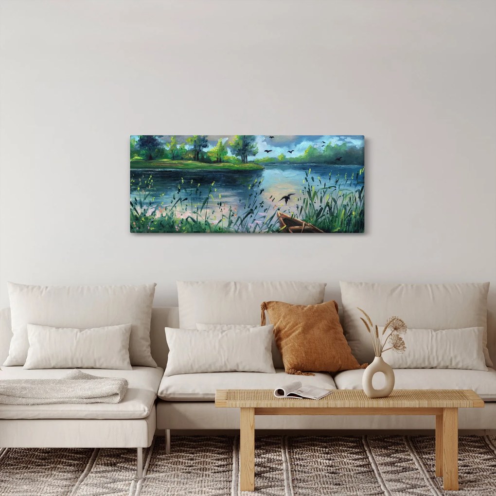 Tablou- Pictură în ulei, seară de vară lângă lac (120x50 cm)