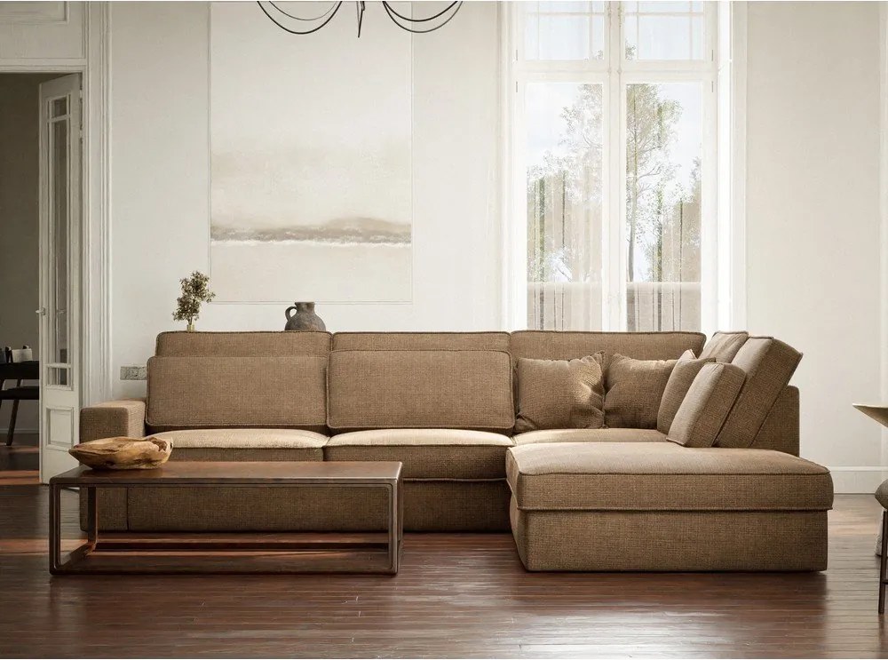 Colțar maro deschis cu tapițerie din chenille (cu colț pe partea dreaptă/în formă de ”L”) Kirou – Maison de Rêve