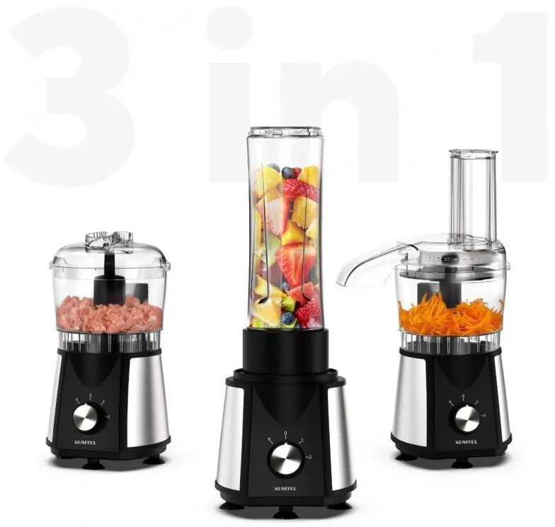 Procesor de alimente 3in1 Kumtel HFP-02, 350W, Blender, Chopper, Rendezvous, 500ml, 2 viteze, fără BPA, Inox / negru