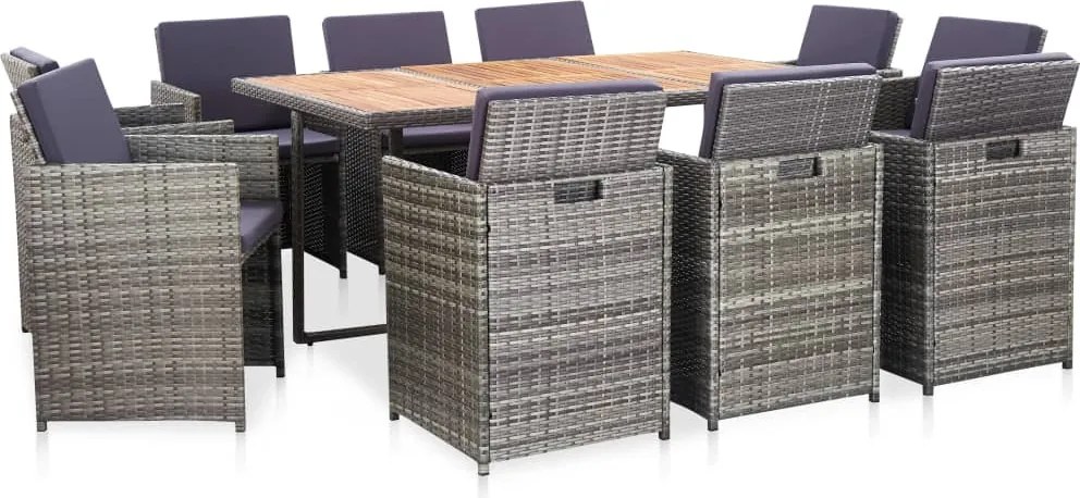 vidaXL Set mobilier de exterior cu perne, 11 piese, gri, poliratan