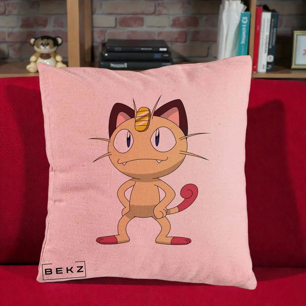 Perna Personalizata Meowth Pokemon, 40x40 cm, Roz, Husa Detasabila, Perna Inclusa, BEKZ®