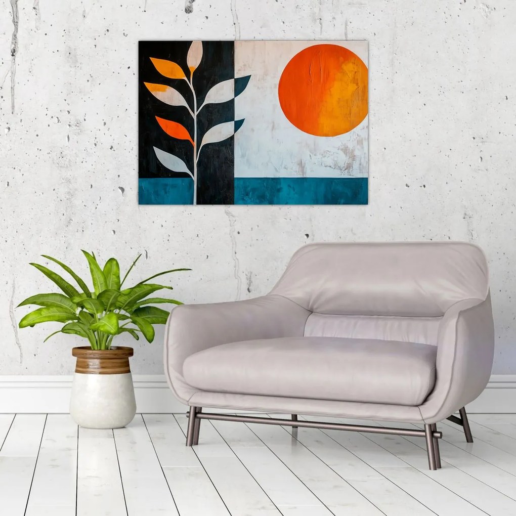 Tablou pe sticlă - Abstracție cu plantă și soare (70x50 cm)