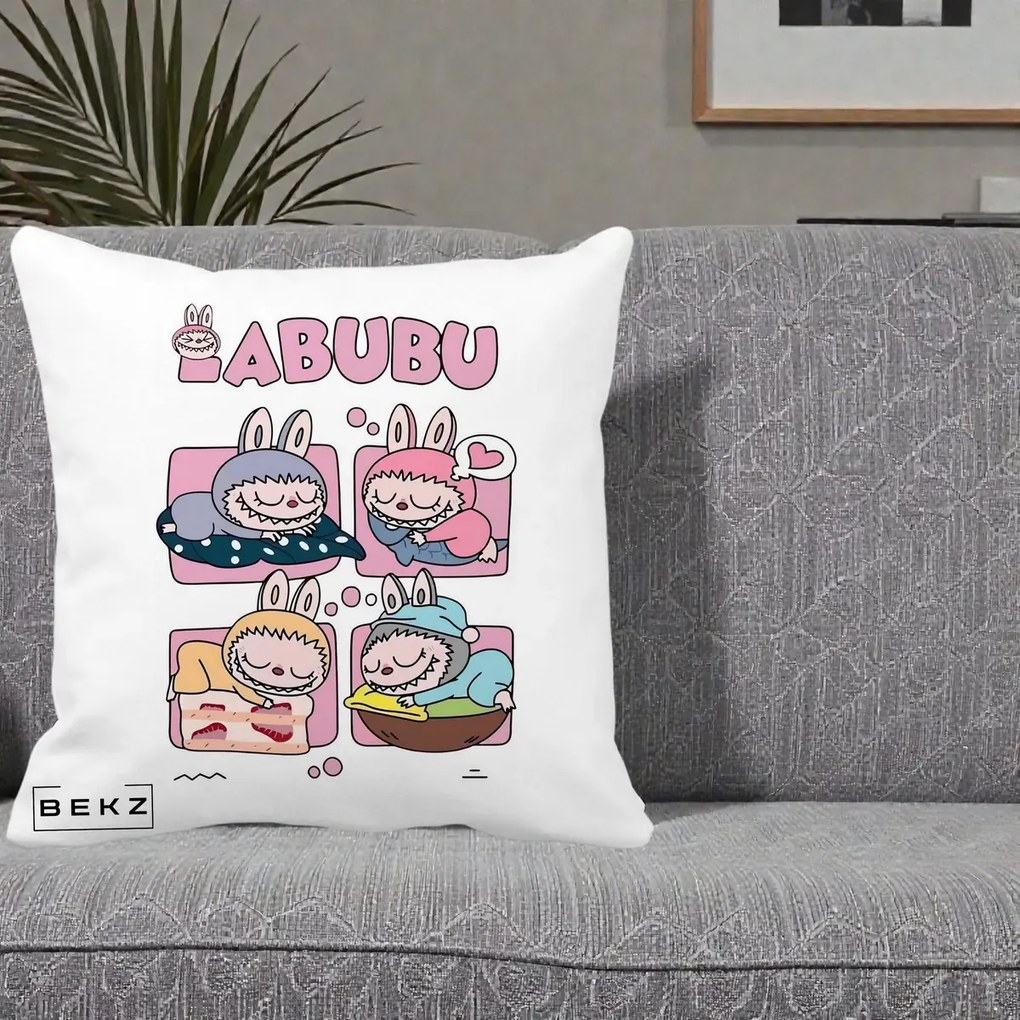 Perna Personalizata Labubu Sleeping Quad Grid, 40x40 cm, Alba Mata, Husa Detasabila, Perna Inclusa, BEKZ®