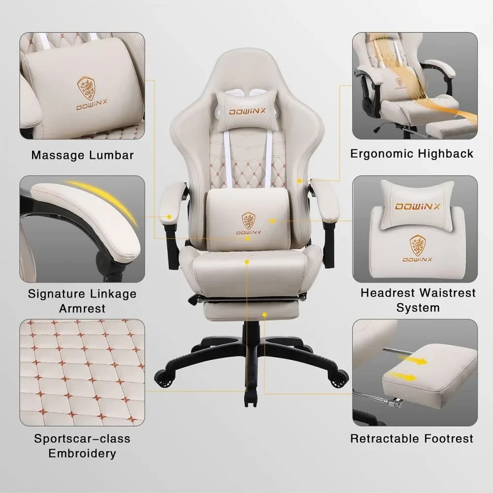 RESIGILAT- DOWINX Scaun gaming, ergonomic, suport lombar cu masaj, spătar înalt, reglabil, tetieră, suport picioare, rezistent 150 kg, piele PU, Ivory
