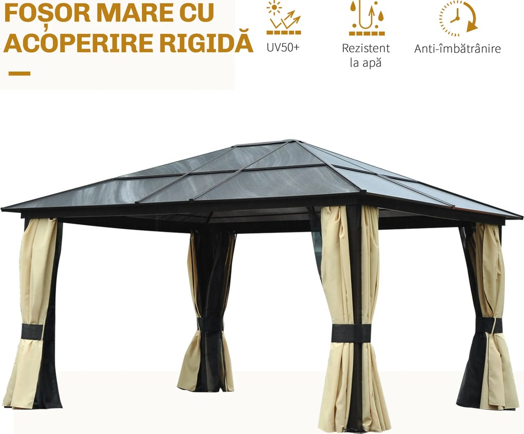 Outsunny Pavilion de grădină Hardtop 4.2 x 3.6 m, Draperii cu plasă împotriva insectelor, Structură din aluminiu, Maro+Crem | Aosom Romania