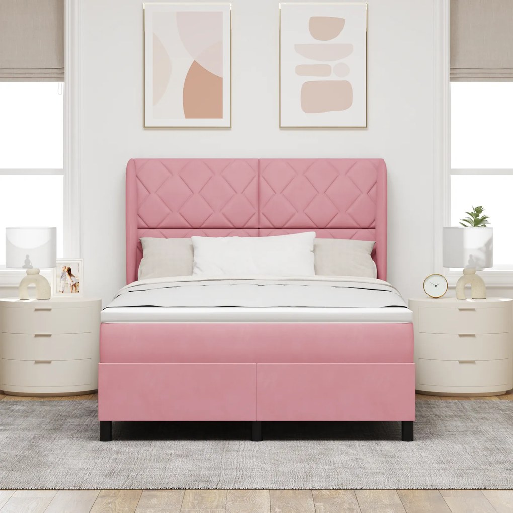vidaXL Pat cu saltea cu arcuri roz 140 x 190 cm, din catifea.