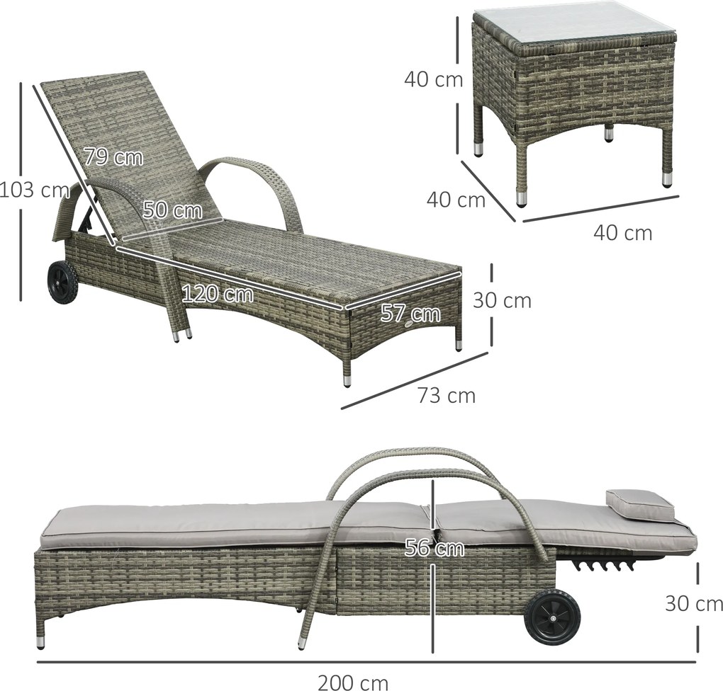 Outsunny Set de 2 șezlonguri mari confortabile : saltea, tetieră, spătar reglabil pe multiple poziții, cotiere, roți + măsuță joasă cu blat din sticlă securizată și rășină împletită gri | Aosom Romania