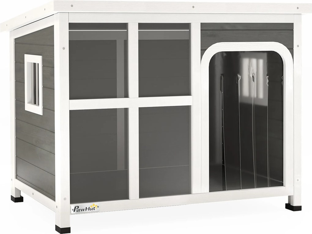 PawHut Căsuță pentru Câini cu Ferestre Laterale, Bază Detașabilă și Acoperiș Rabatabil, 90x62x71 cm, Gri Deschis | Aosom Romania