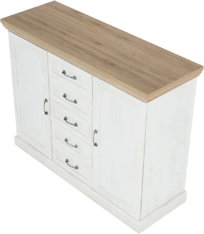 Comodă, 2 uşi cu 5 sertare, pin nordic/stejar sălbatic, ROYAL K2D