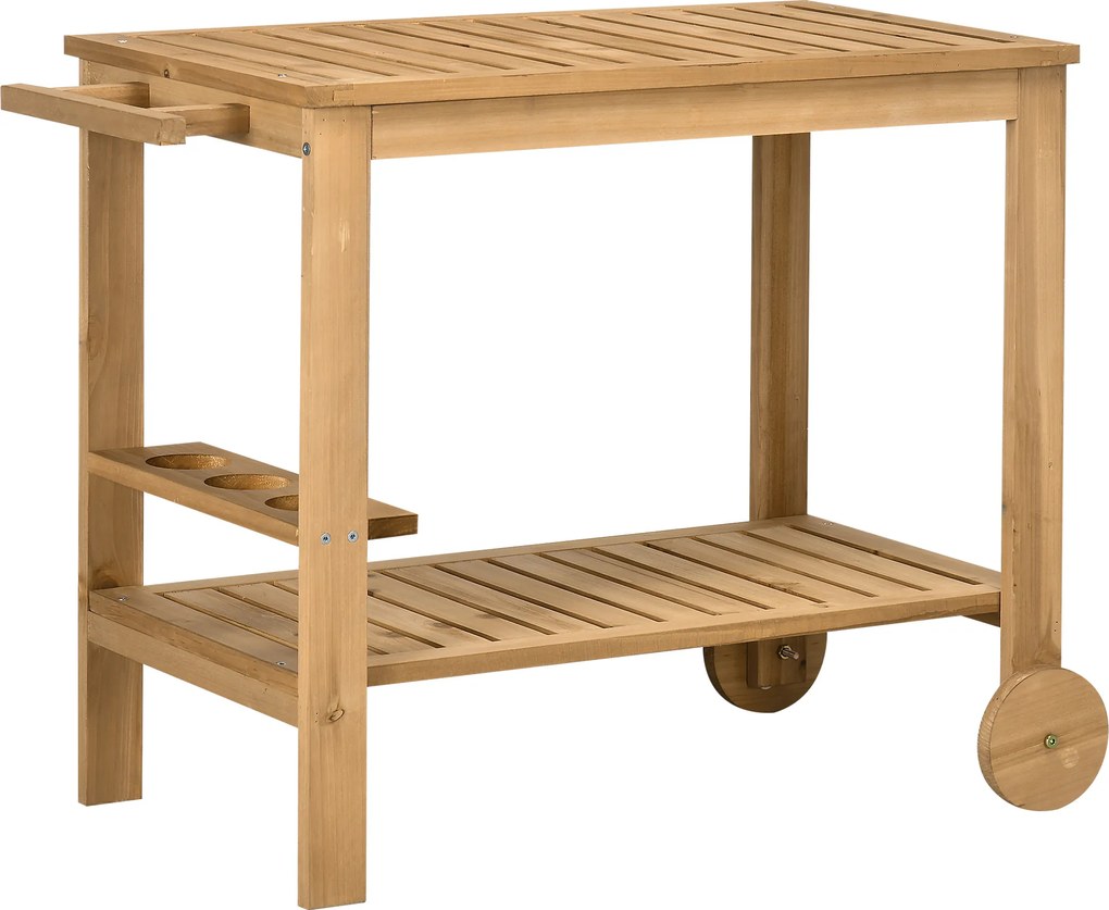 Outsunny Carucior de Grădină cu Roți din Lemn de Brad, Carucior de Servire cu Rafturi din Șipci, 2 Rafturi, 3 Suporturi pentru Sticle și Mâner, pentru Grădină Terasă Patio 95x47x74 cm, Culoare Lemn | Aosom Romania