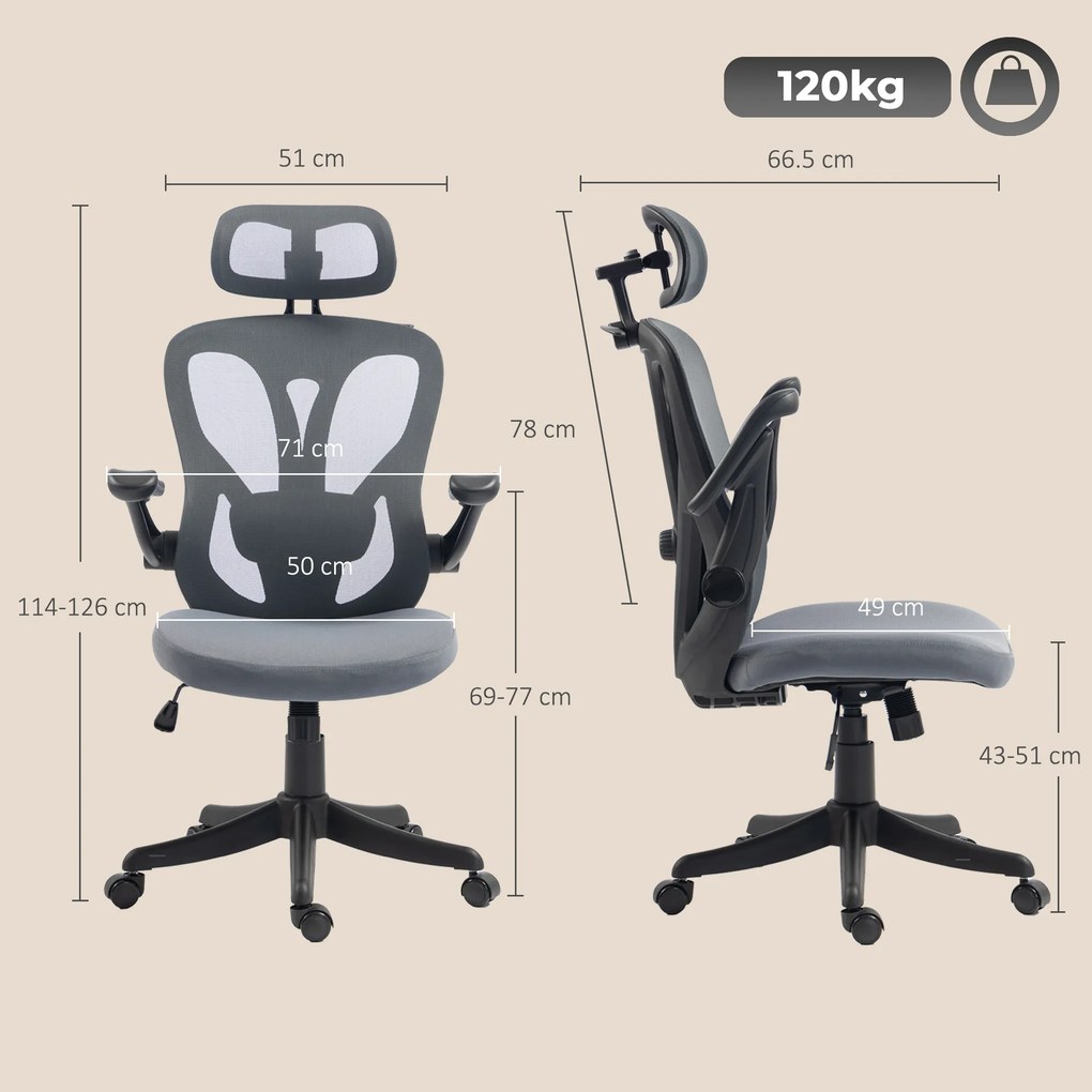 HOMCOM Scaun de Birou Ergonomic cu Tetieră 2D, Cotiere 3D, Înălțime Reglabilă, Mesh Respirabil, Gri Închis | Aosom Romania