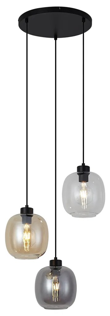 Lampă suspendată neagră cu sticlă chihlimbar, fumurie și transparentă cu 3 lumini - Elena