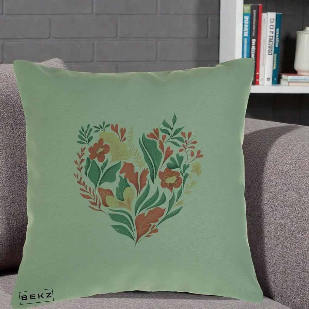 Perna Decorativa Inima Florala Botanica, 40x40 cm, Verde, Husa Detasabila, Perna Inclusa, BEKZ®