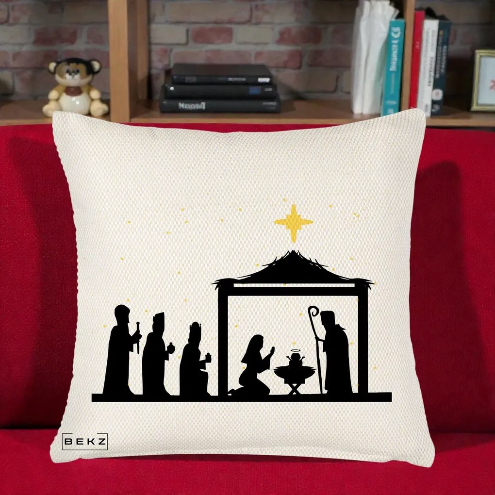 Perna Decorativa Nasterea Pruncului Silueta Neagra si Stea Aurie, 40x40 cm, Crem Reliefat, Husa Detasabila, Perna Inclusa, BEKZ®