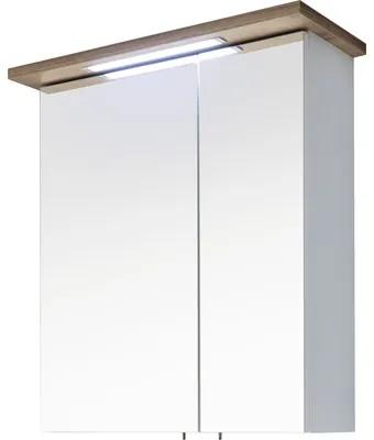 Dulap cu oglinda pelipal Noventa, 2 usi, iluminare LED, 72x60 cm, alb lucios/stejar, IP 44
