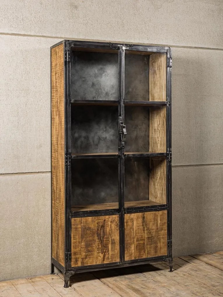Vitrina din lemn de mango, metal si sticla, cu 2 usi, stil industrial, Revol
