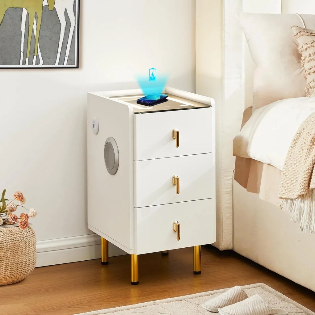 NOA1 - Set 2x Noptiere Smart, 30 cm, cu 3 sertare, LED, USB, Bluetooth, Incarcator Wireless, mobilier dormitor - Alb