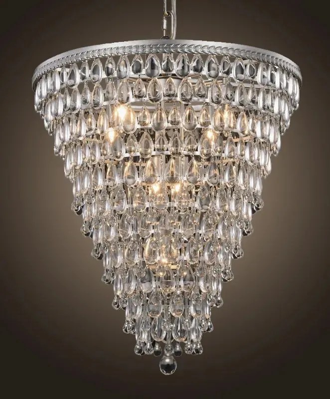 Candelabru din metal și sticlă, argintiu, în formă de con, cu pandantive picătură și lanț reglabil, finisaj patinat, 65 x 61 cm, „Kensington”