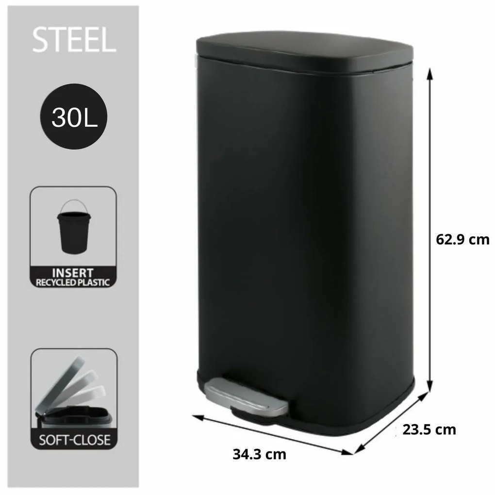Coș de gunoi cu pedală soft-close Spirella Akira 30 l, negru mat, 30 l
