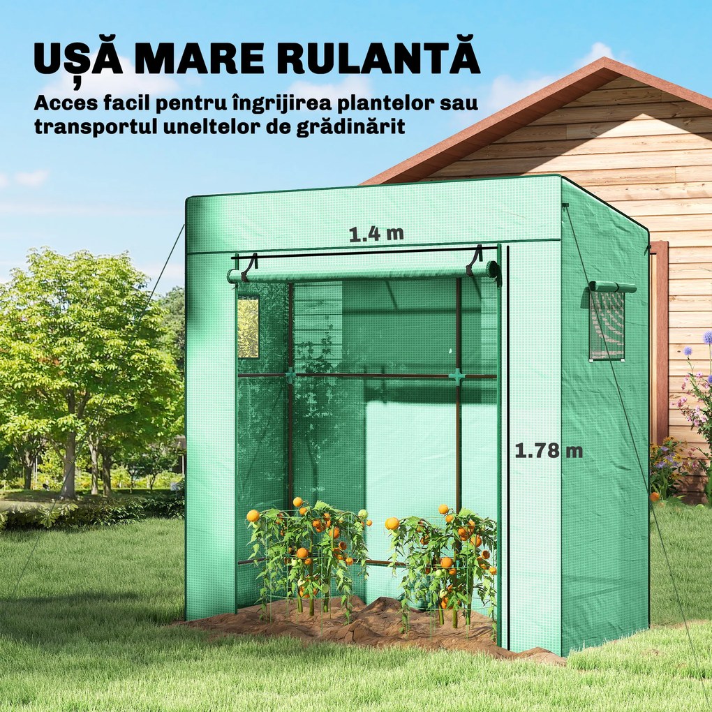 Outsunny Seră de Grădină cu Acoperiș Înclinat, 2 Ferestre și Ușă Rulabilă, Seră pentru Grădină cu Structură din Oțel, Acoperire din PE Anti-UV, pentru Grădină Legume Flori Plante, 196x77x197 cm, Verde | Aosom Romania