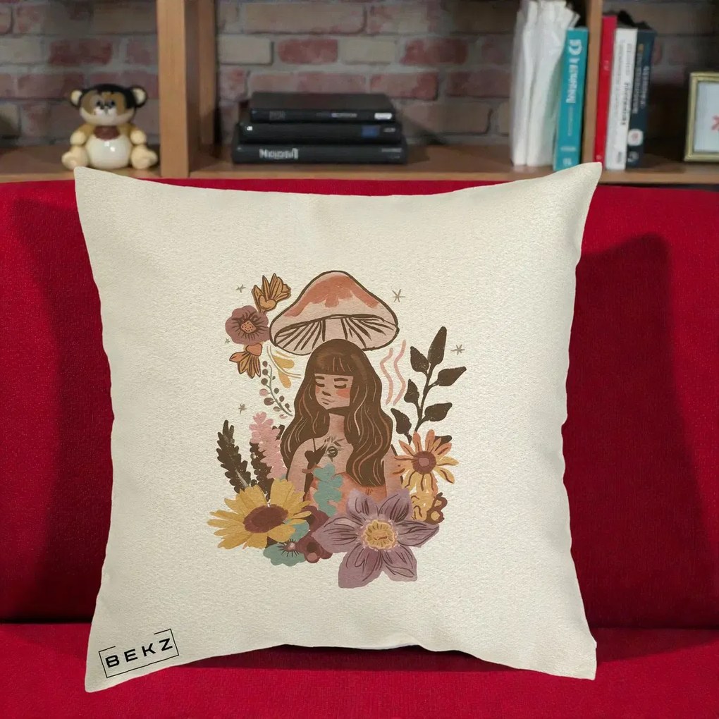 Perna Decorativa Fata Ciuperca Boho Florala, 40x40 cm, Ecru, Husa Detasabila, Perna Inclusa, BEKZ®