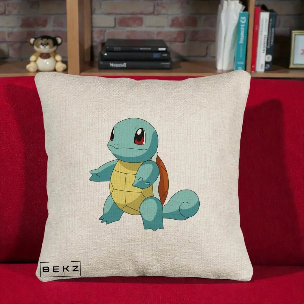 Perna Personalizata Squirtle Pokemon, 40x40 cm, Bej Canapea, Husa Detasabila, Perna Inclusa, BEKZ®